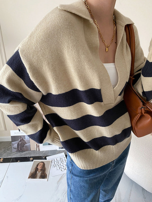 New polo large v-neck striped loose pullover sweater-[Adult]-[Female]-2022 Online Blue Zone Planet