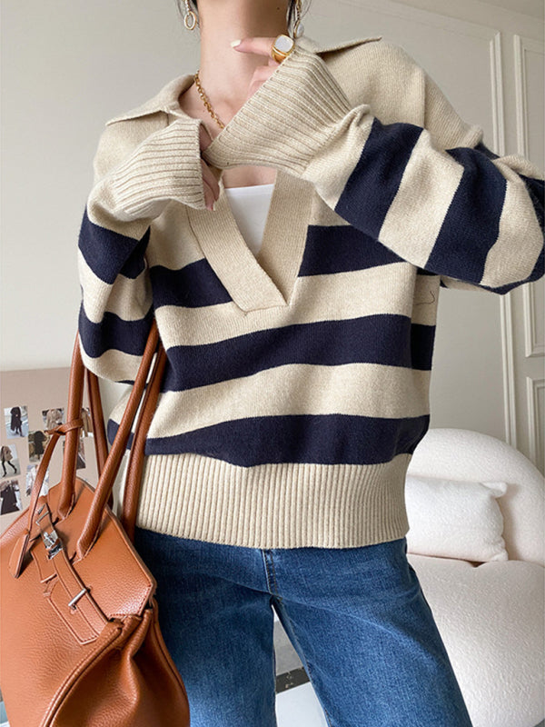 New polo large v-neck striped loose pullover sweater-[Adult]-[Female]-2022 Online Blue Zone Planet