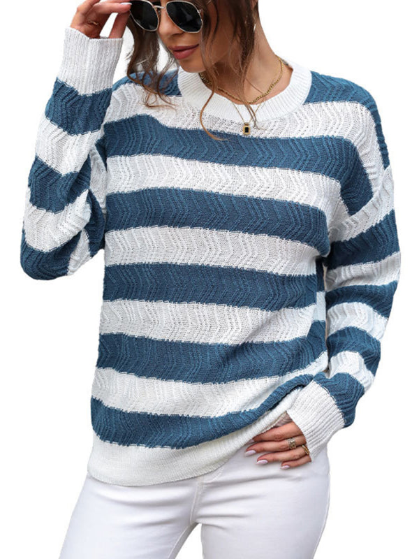 Blue Zone Planet | Women's new round neck long sleeve striped sweater-TOPS / DRESSES-[Adult]-[Female]-2022 Online Blue Zone Planet