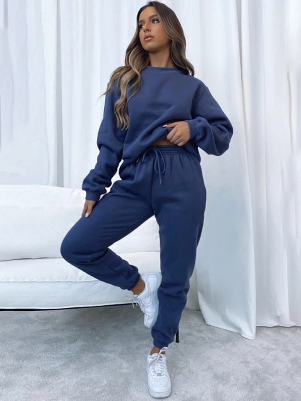 Blue Zone Planet | Solid Color Round able Collar Pullover Long Sleeve Trousers Sweater Suit-TOPS / DRESSES-[Adult]-[Female]-2022 Online Blue Zone Planet