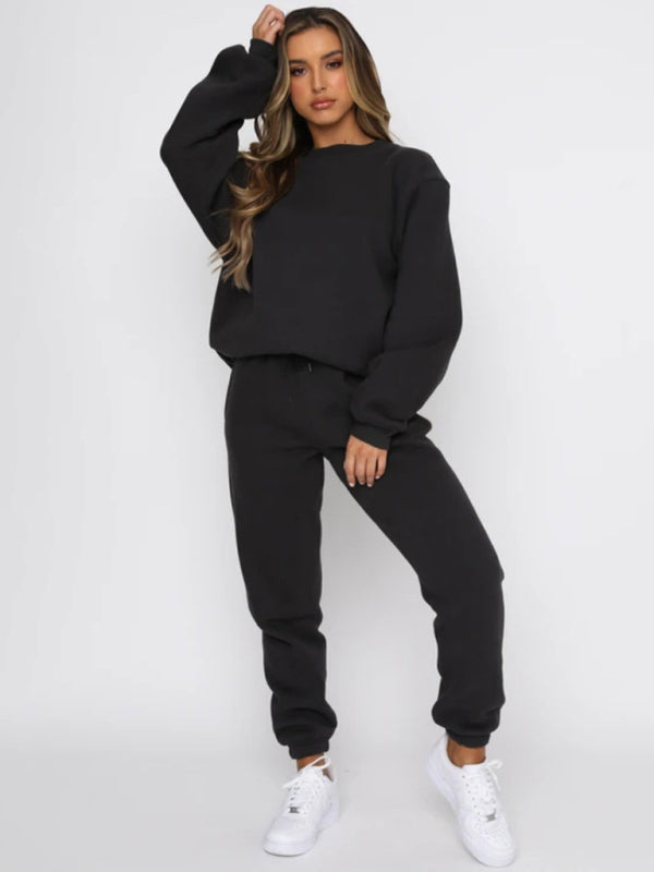 Blue Zone Planet | Solid Color Round able Collar Pullover Long Sleeve Trousers Sweater Suit-TOPS / DRESSES-[Adult]-[Female]-Black-S-2022 Online Blue Zone Planet