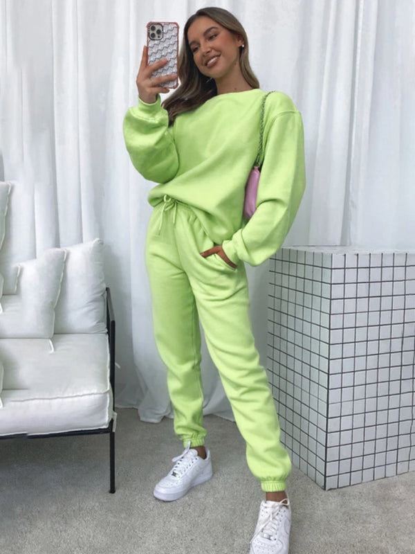 Blue Zone Planet | Solid Color Round able Collar Pullover Long Sleeve Trousers Sweater Suit-TOPS / DRESSES-[Adult]-[Female]-2022 Online Blue Zone Planet