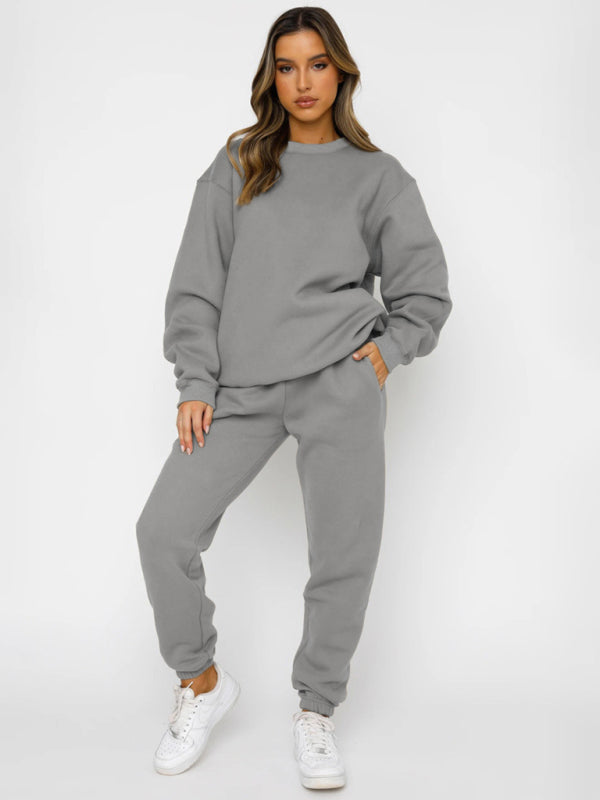 Blue Zone Planet | Solid Color Round able Collar Pullover Long Sleeve Trousers Sweater Suit-TOPS / DRESSES-[Adult]-[Female]-Grey-S-2022 Online Blue Zone Planet