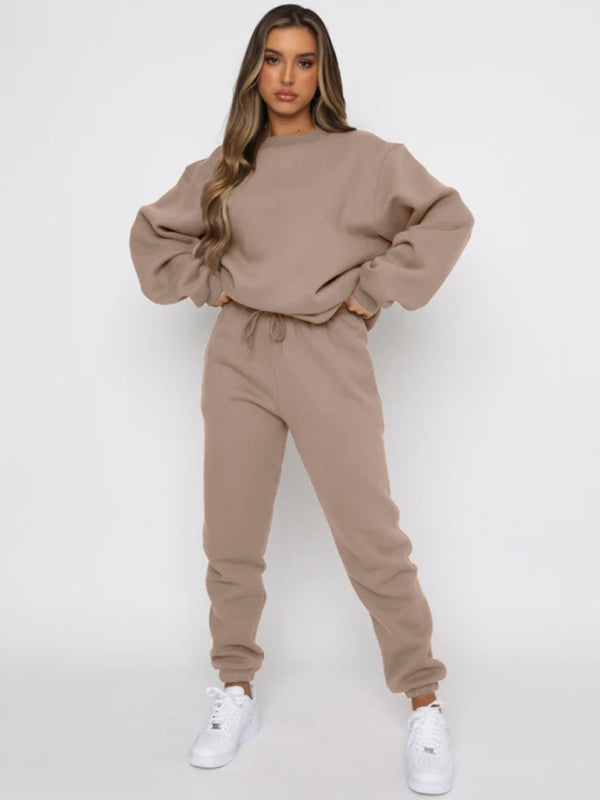 Blue Zone Planet | Solid Color Round able Collar Pullover Long Sleeve Trousers Sweater Suit-TOPS / DRESSES-[Adult]-[Female]-Khaki-S-2022 Online Blue Zone Planet