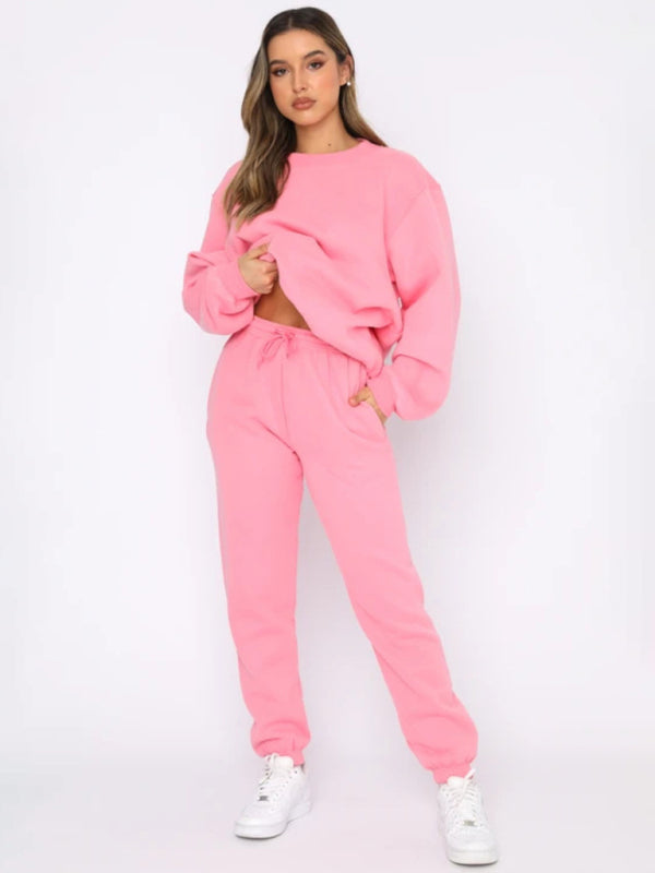 Blue Zone Planet | Solid Color Round able Collar Pullover Long Sleeve Trousers Sweater Suit-TOPS / DRESSES-[Adult]-[Female]-Peach-S-2022 Online Blue Zone Planet