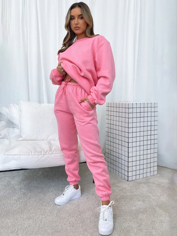 Blue Zone Planet | Solid Color Round able Collar Pullover Long Sleeve Trousers Sweater Suit-TOPS / DRESSES-[Adult]-[Female]-2022 Online Blue Zone Planet