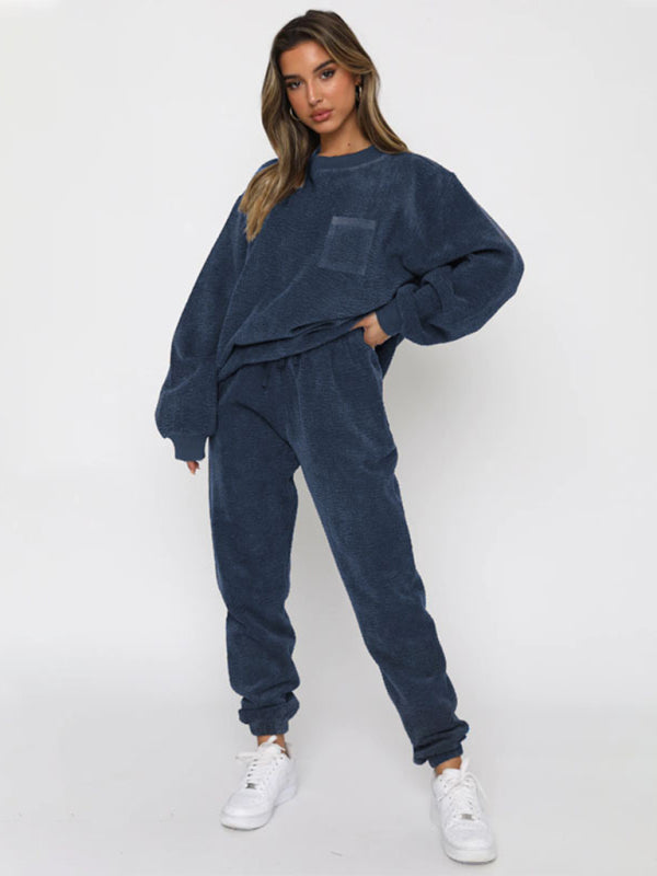 Corduroy Solid Color Round Neck Pullover Long Sleeve Pants Two-piece Set BLUE ZONE PLANET