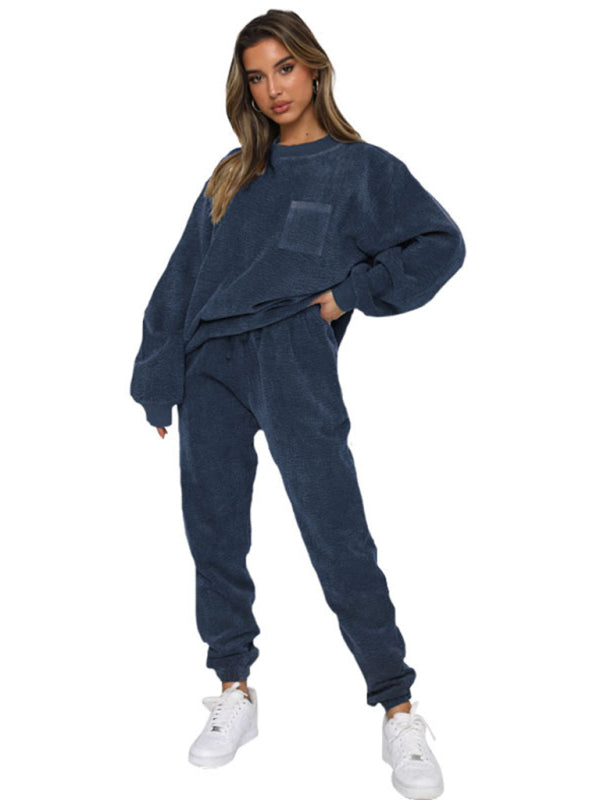 Corduroy Solid Color Round Neck Pullover Long Sleeve Pants Two-piece Set BLUE ZONE PLANET