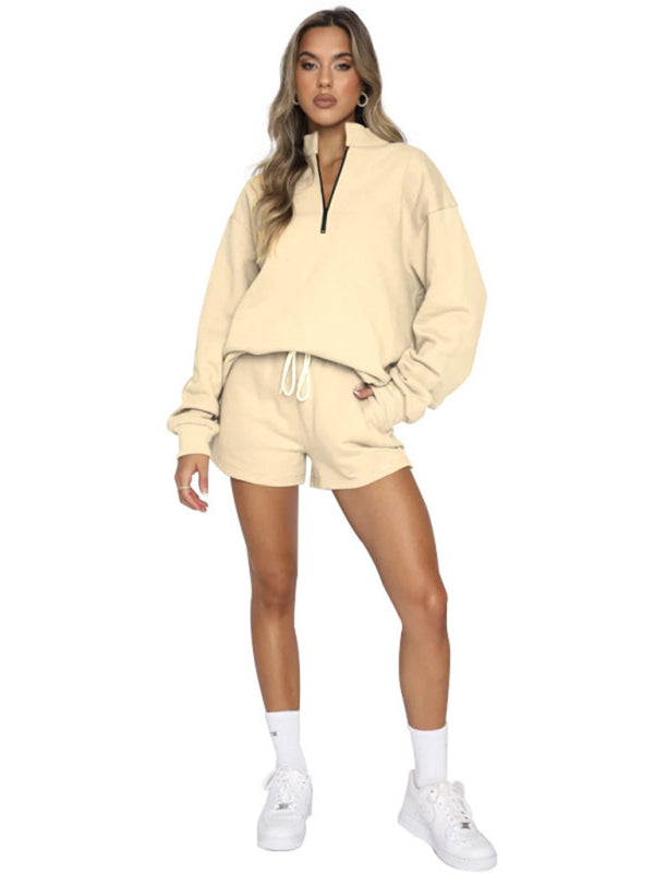 Women's New Solid Color Stand Collar Zipper Pullover Long Sleeve Sweatshirt Shorts Set-TOPS / DRESSES-[Adult]-[Female]-2022 Online Blue Zone Planet