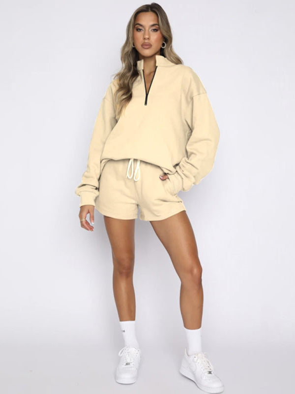 Women's New Solid Color Stand Collar Zipper Pullover Long Sleeve Sweatshirt Shorts Set-TOPS / DRESSES-[Adult]-[Female]-Cracker khaki-S-2022 Online Blue Zone Planet