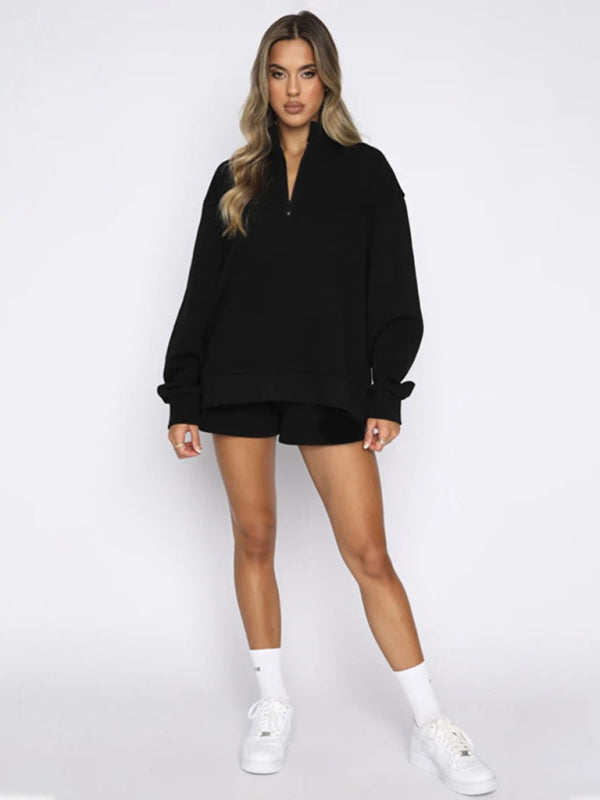 Women's New Solid Color Stand Collar Zipper Pullover Long Sleeve Sweatshirt Shorts Set-TOPS / DRESSES-[Adult]-[Female]-Black-S-2022 Online Blue Zone Planet