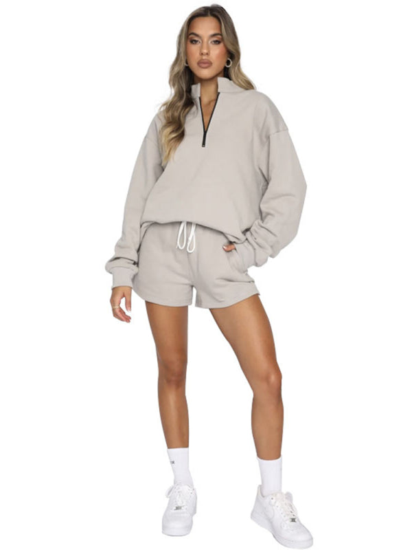 Women's New Solid Color Stand Collar Zipper Pullover Long Sleeve Sweatshirt Shorts Set-TOPS / DRESSES-[Adult]-[Female]-2022 Online Blue Zone Planet