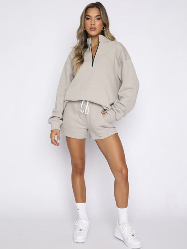 Women's New Solid Color Stand Collar Zipper Pullover Long Sleeve Sweatshirt Shorts Set-TOPS / DRESSES-[Adult]-[Female]-Misty grey-S-2022 Online Blue Zone Planet