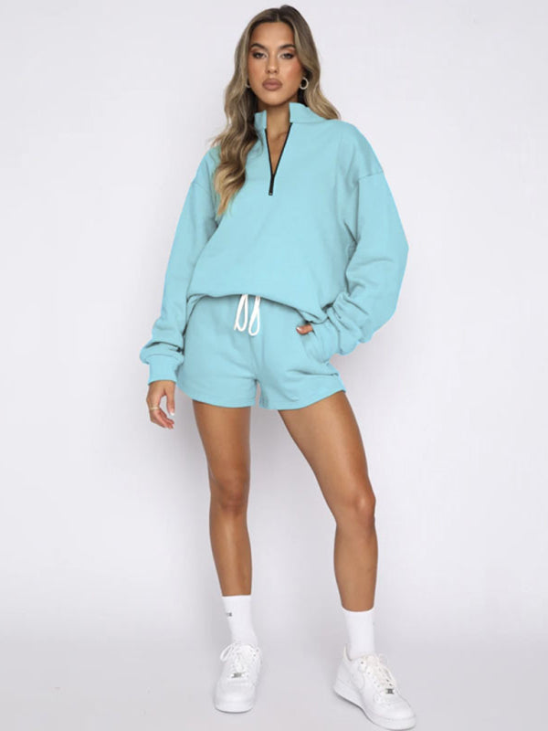 Women's New Solid Color Stand Collar Zipper Pullover Long Sleeve Sweatshirt Shorts Set-TOPS / DRESSES-[Adult]-[Female]-Sky blue azure-S-2022 Online Blue Zone Planet