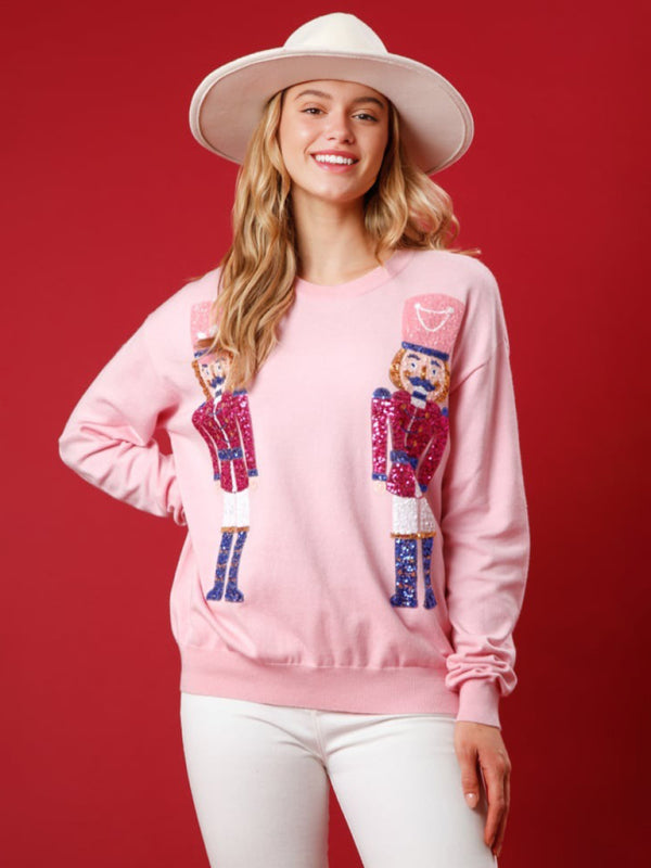 Women's Casual Round Neck Loose Christmas Sequined Sweatshirt-[Adult]-[Female]-Pink-S-2022 Online Blue Zone Planet