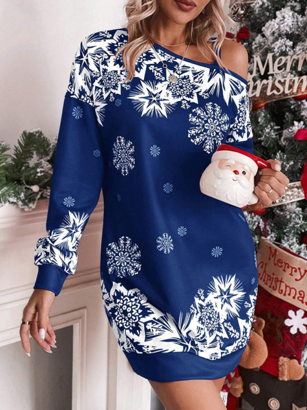 Blue Zone Planet | Women's Christmas printed off-shoulder autumn and winter dress-TOPS / DRESSES-[Adult]-[Female]-2022 Online Blue Zone Planet