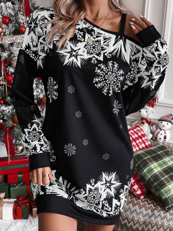 Women's Christmas Printed Off-Shoulder Autumn and Winter Dress - Blue Black / M by Blue Zone Planet Women's Christmas Printed Off-Shoulder Autumn and Winter Dress - Blue Black / M by Blue Zone Planet