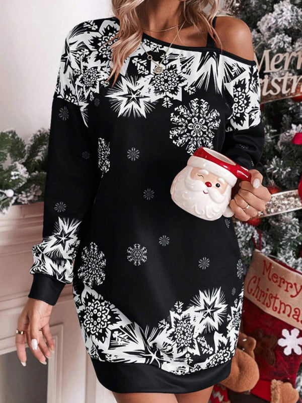 Blue Zone Planet | Women's Christmas printed off-shoulder autumn and winter dress-TOPS / DRESSES-[Adult]-[Female]-2022 Online Blue Zone Planet