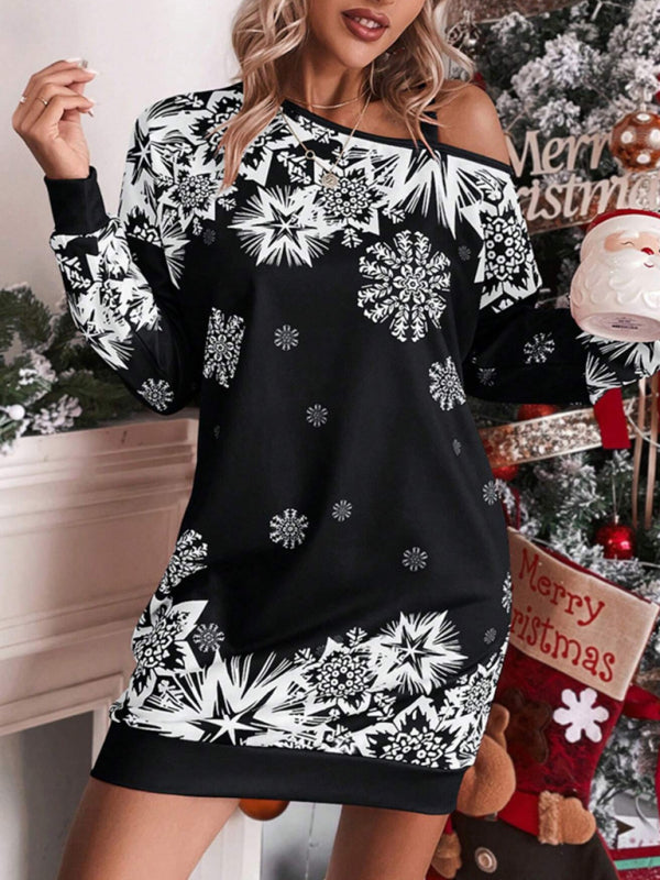Women's Christmas Printed Off-Shoulder Autumn and Winter Dress - Blue Black / M by Blue Zone Planet Women's Christmas Printed Off-Shoulder Autumn and Winter Dress - Blue Black / M by Blue Zone Planet