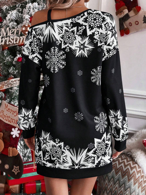 Women's Christmas Printed Off-Shoulder Autumn and Winter Dress - Blue Black / M by Blue Zone Planet Women's Christmas Printed Off-Shoulder Autumn and Winter Dress - Blue Black / M by Blue Zone Planet