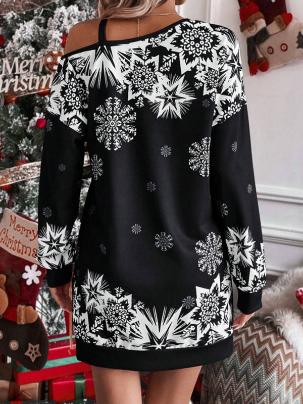 Blue Zone Planet | Women's Christmas printed off-shoulder autumn and winter dress-TOPS / DRESSES-[Adult]-[Female]-2022 Online Blue Zone Planet