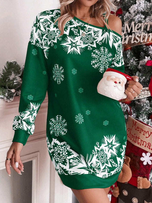 Women's Christmas Printed Off-Shoulder Autumn and Winter Dress - Blue Black / M by Blue Zone Planet Women's Christmas Printed Off-Shoulder Autumn and Winter Dress - Blue Black / M by Blue Zone Planet