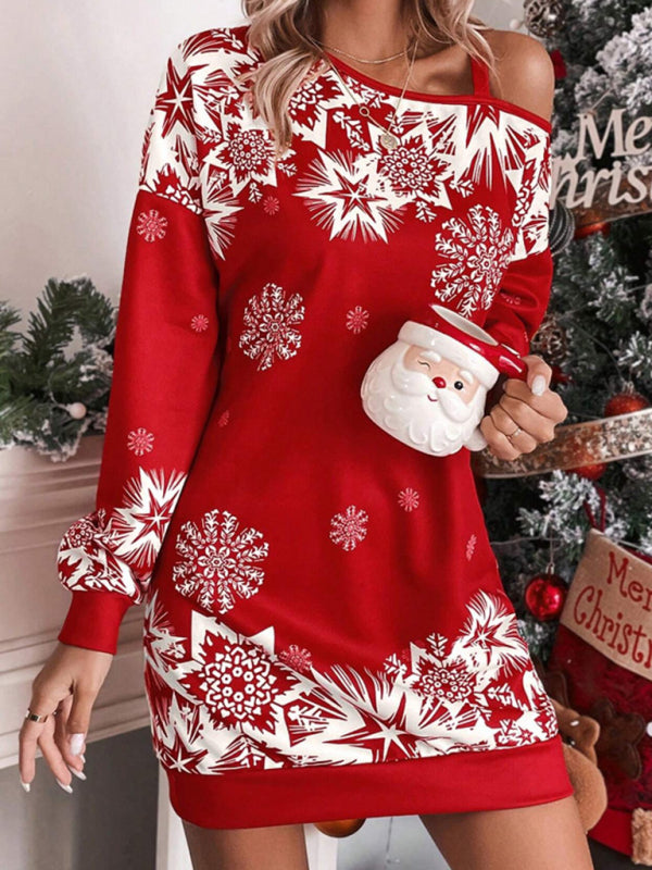 Women's Christmas printed off-shoulder autumn and winter dress Women's Christmas printed off-shoulder autumn and winter dress