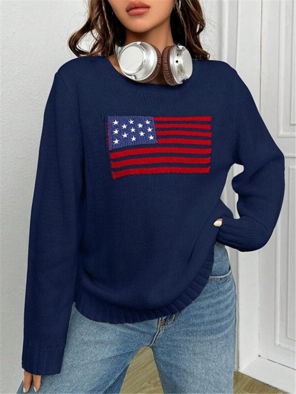 New loose round neck flag pattern simple and versatile knitted sweater-[Adult]-[Female]-2022 Online Blue Zone Planet