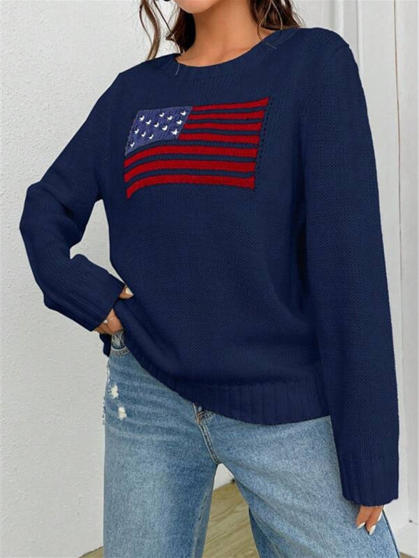 New loose round neck flag pattern simple and versatile knitted sweater-[Adult]-[Female]-2022 Online Blue Zone Planet