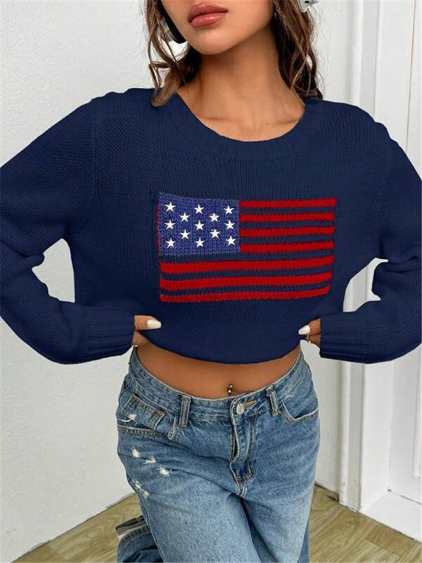 New loose round neck flag pattern simple and versatile knitted sweater-[Adult]-[Female]-2022 Online Blue Zone Planet