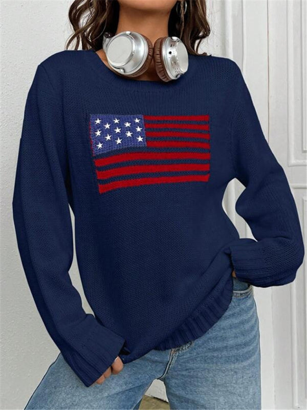 New loose round neck flag pattern simple and versatile knitted sweater-[Adult]-[Female]-Blue-S-2022 Online Blue Zone Planet