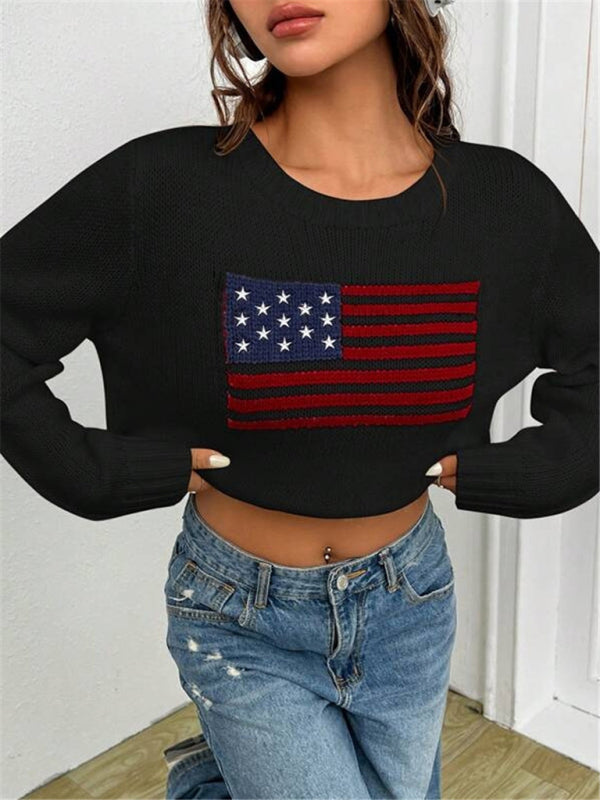 New loose round neck flag pattern simple and versatile knitted sweater-[Adult]-[Female]-2022 Online Blue Zone Planet