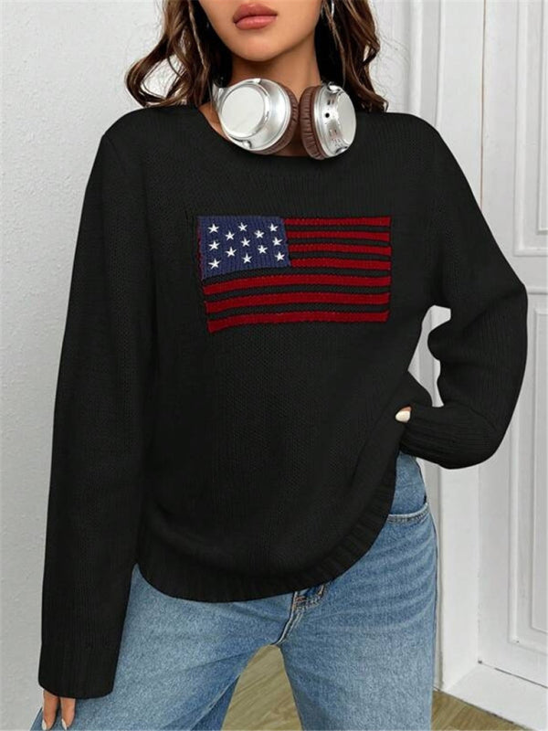 New loose round neck flag pattern simple and versatile knitted sweater-[Adult]-[Female]-2022 Online Blue Zone Planet