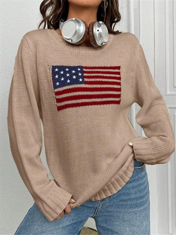 New loose round neck flag pattern simple and versatile knitted sweater-[Adult]-[Female]-Khaki-S-2022 Online Blue Zone Planet