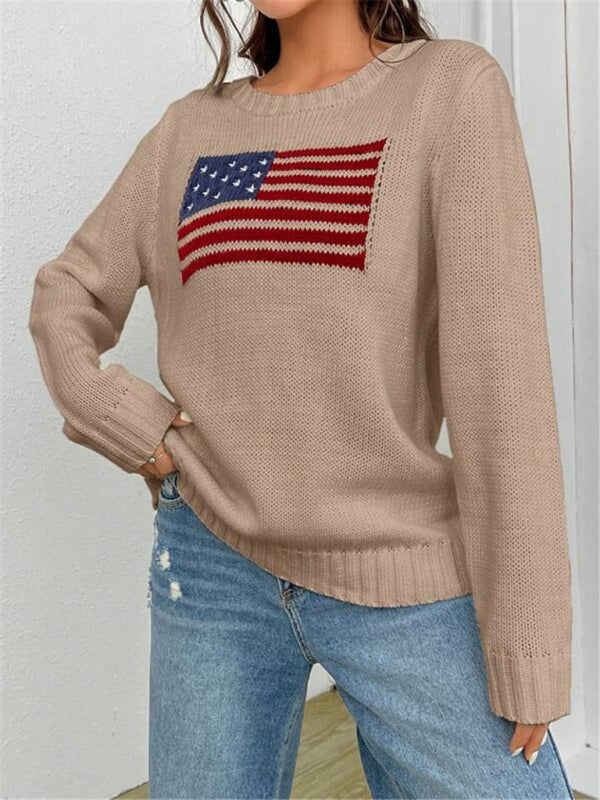 New loose round neck flag pattern simple and versatile knitted sweater-[Adult]-[Female]-2022 Online Blue Zone Planet