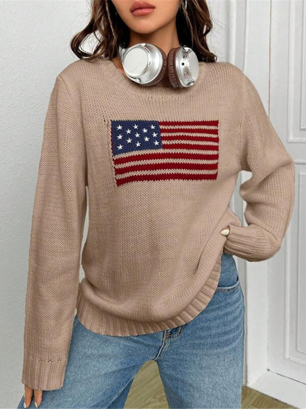 New loose round neck flag pattern simple and versatile knitted sweater-[Adult]-[Female]-2022 Online Blue Zone Planet