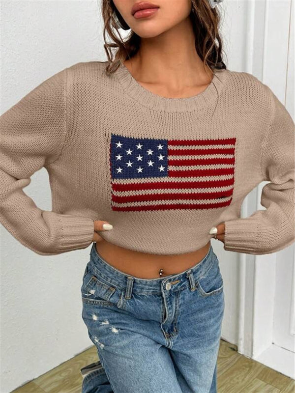 New loose round neck flag pattern simple and versatile knitted sweater-[Adult]-[Female]-2022 Online Blue Zone Planet