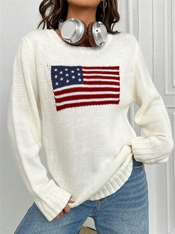 New loose round neck flag pattern simple and versatile knitted sweater-[Adult]-[Female]-White-S-2022 Online Blue Zone Planet