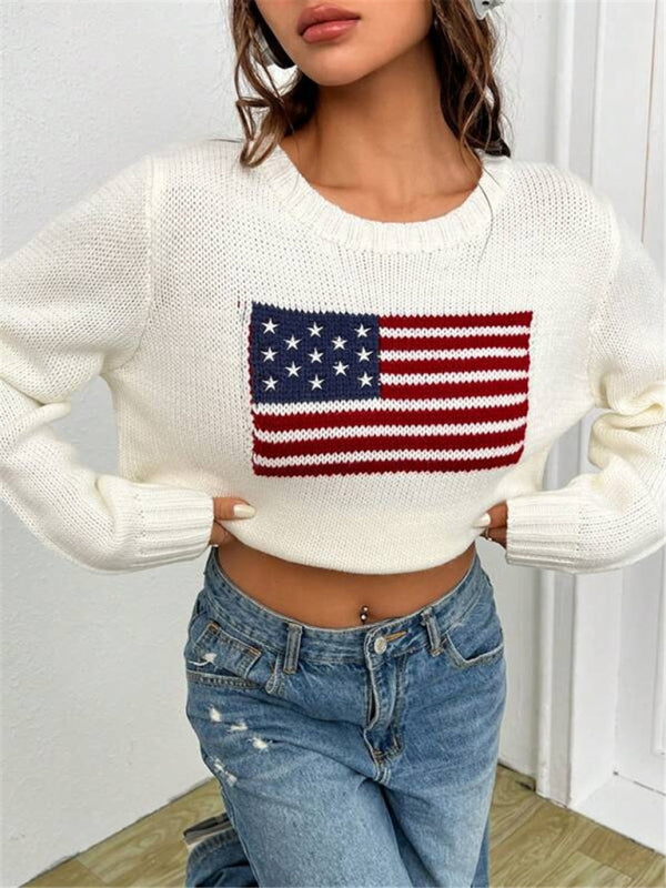 New loose round neck flag pattern simple and versatile knitted sweater-[Adult]-[Female]-2022 Online Blue Zone Planet