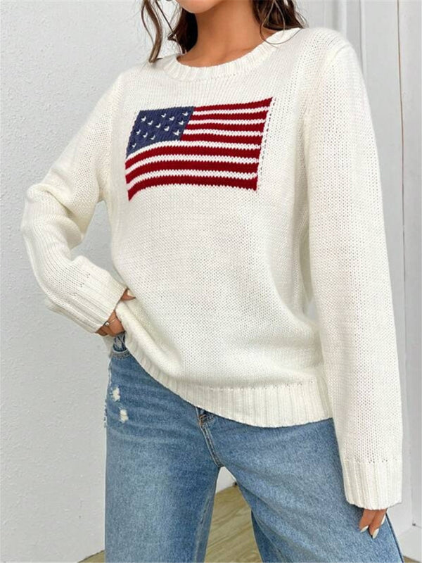 New loose round neck flag pattern simple and versatile knitted sweater-[Adult]-[Female]-2022 Online Blue Zone Planet