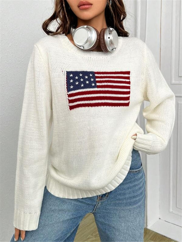 New loose round neck flag pattern simple and versatile knitted sweater-[Adult]-[Female]-2022 Online Blue Zone Planet