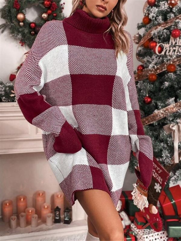 Blue Zone Planet | Christmas turtleneck loose slimming plaid contrast sweater dress-TOPS / DRESSES-[Adult]-[Female]-2022 Online Blue Zone Planet