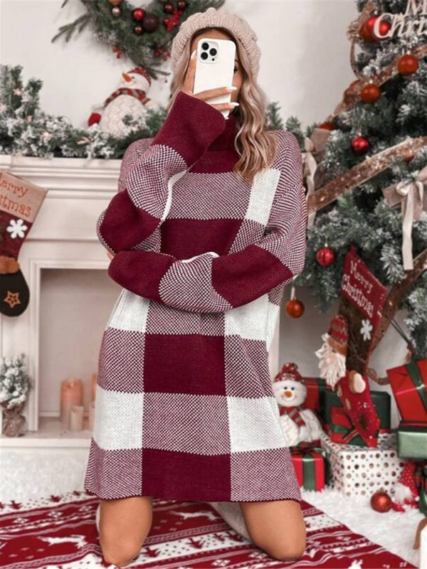 Blue Zone Planet | Christmas turtleneck loose slimming plaid contrast sweater dress-TOPS / DRESSES-[Adult]-[Female]-2022 Online Blue Zone Planet