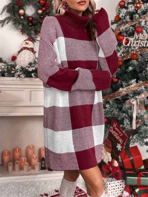 Blue Zone Planet | Christmas turtleneck loose slimming plaid contrast sweater dress-TOPS / DRESSES-[Adult]-[Female]-2022 Online Blue Zone Planet