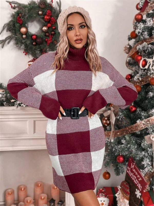 Blue Zone Planet | Christmas turtleneck loose slimming plaid contrast sweater dress-TOPS / DRESSES-[Adult]-[Female]-2022 Online Blue Zone Planet