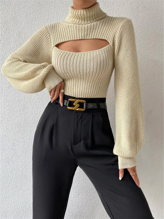 loose versatile sweater turtleneck hollow sweater outer top