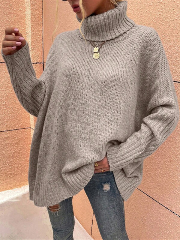 Blue Zone Planet | New loose solid color turtleneck bat sleeve pullover knitted sweater-TOPS / DRESSES-[Adult]-[Female]-Khaki-S-2022 Online Blue Zone Planet