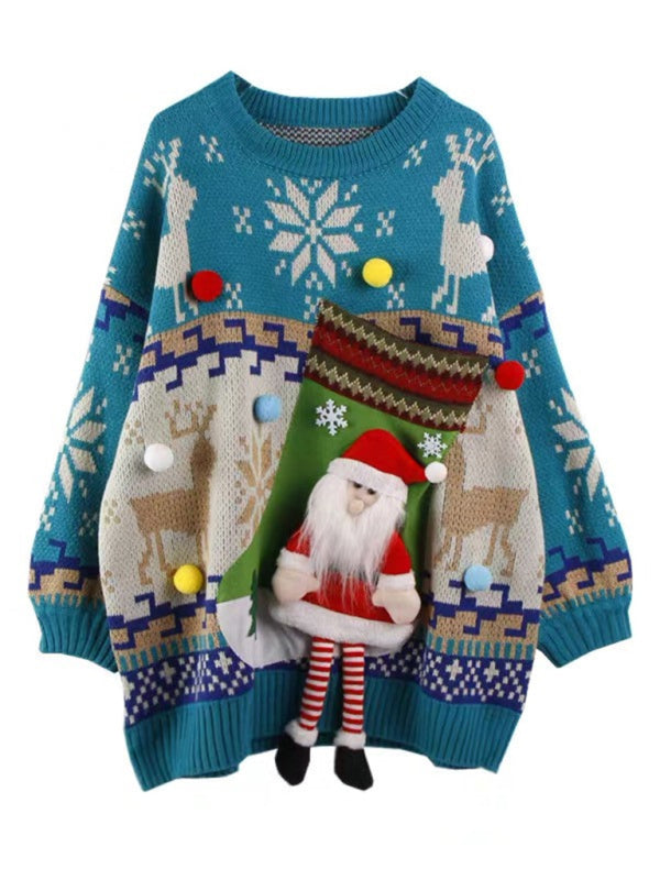 Blue Zone Planet | New Santa Sock Pocket New Fawn Knitted Sweater-[Adult]-[Female]-Red-FREESIZE-2022 Online Blue Zone Planet