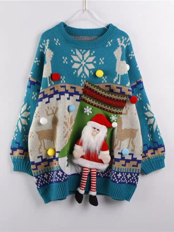 Blue Zone Planet | New Santa Sock Pocket New Fawn Knitted Sweater-[Adult]-[Female]-Red-FREESIZE-2022 Online Blue Zone Planet