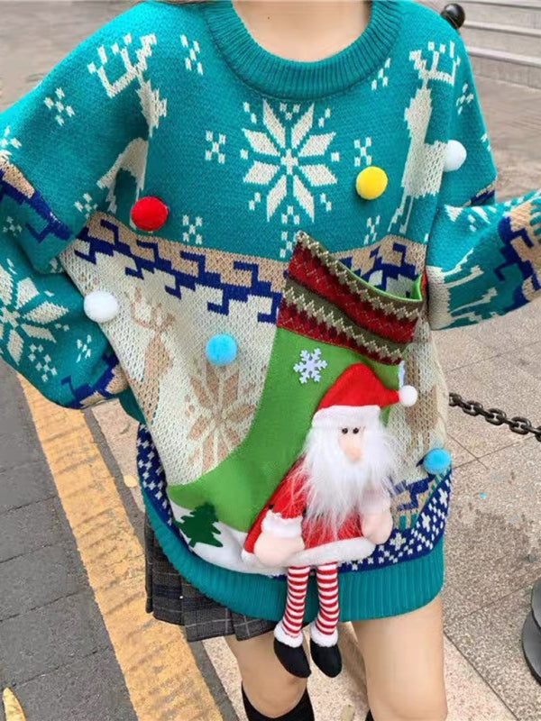 Blue Zone Planet | New Santa Sock Pocket New Fawn Knitted Sweater-[Adult]-[Female]-Red-FREESIZE-2022 Online Blue Zone Planet